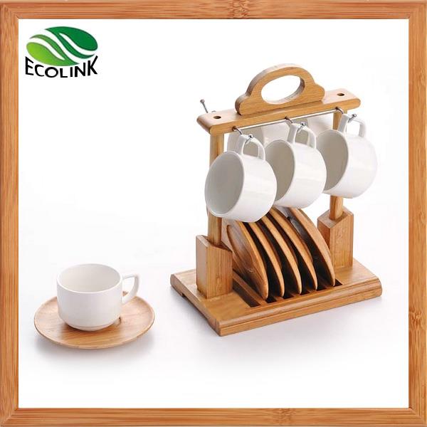 Sæt af 6 keramiske kaffekopper med bambus coastere og bambus stå