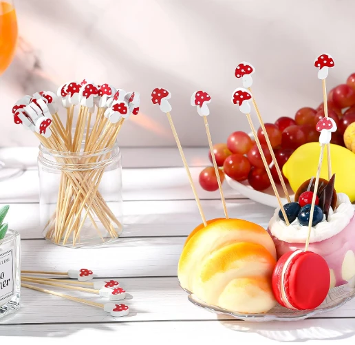 Bamboo Mushroom Cocktail Picks Skewers Fruit Fork Sticks